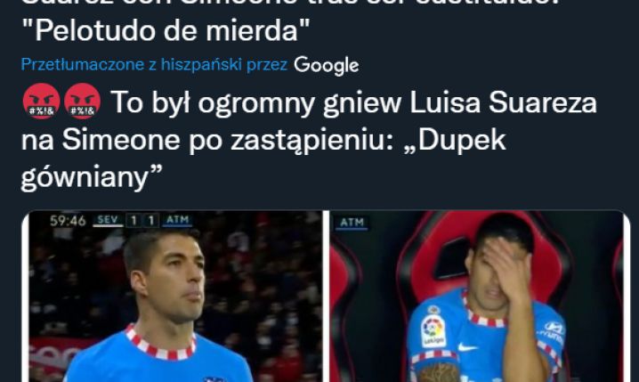 WKURZONY Luis Suarez na Simeone za zmianę w 57 minucie...